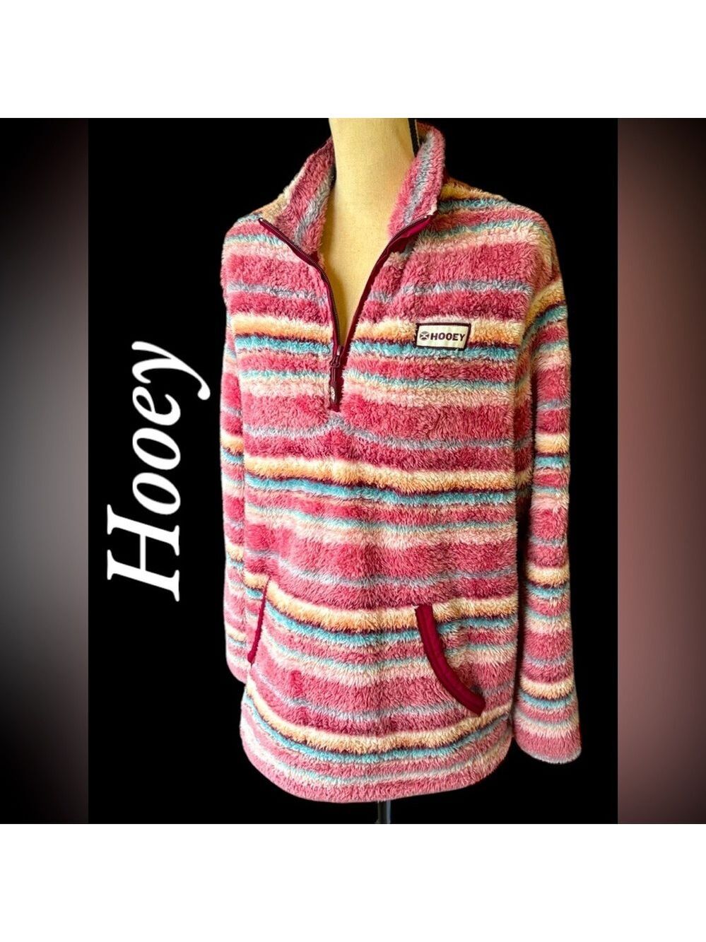 Hooey-medium ladies 1/4 zip fleece pullover pink/blue stripe. Hand pockets. EUC!